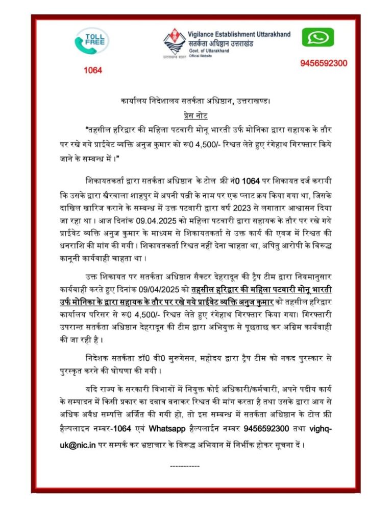 हरिद्वार तहसील में रिश्वतखोरी का भंडाफोड़, महिला पटवारी की मिलीभगत से 4,500 रुपये रिश्वत लेते व्यक्ति को रंगेहाथ पकड़ा गया